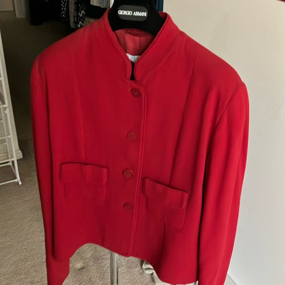 Barney’s New York red suit. Size 12.